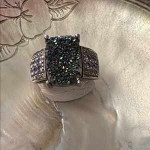 Peacock Drusy Quartz and tanzanite SS ring 6.5